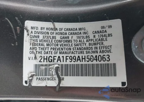 2010 Honda Civic Ex-L z USA, uszkodzony, nr VIN 2HGFA1F99AH504063